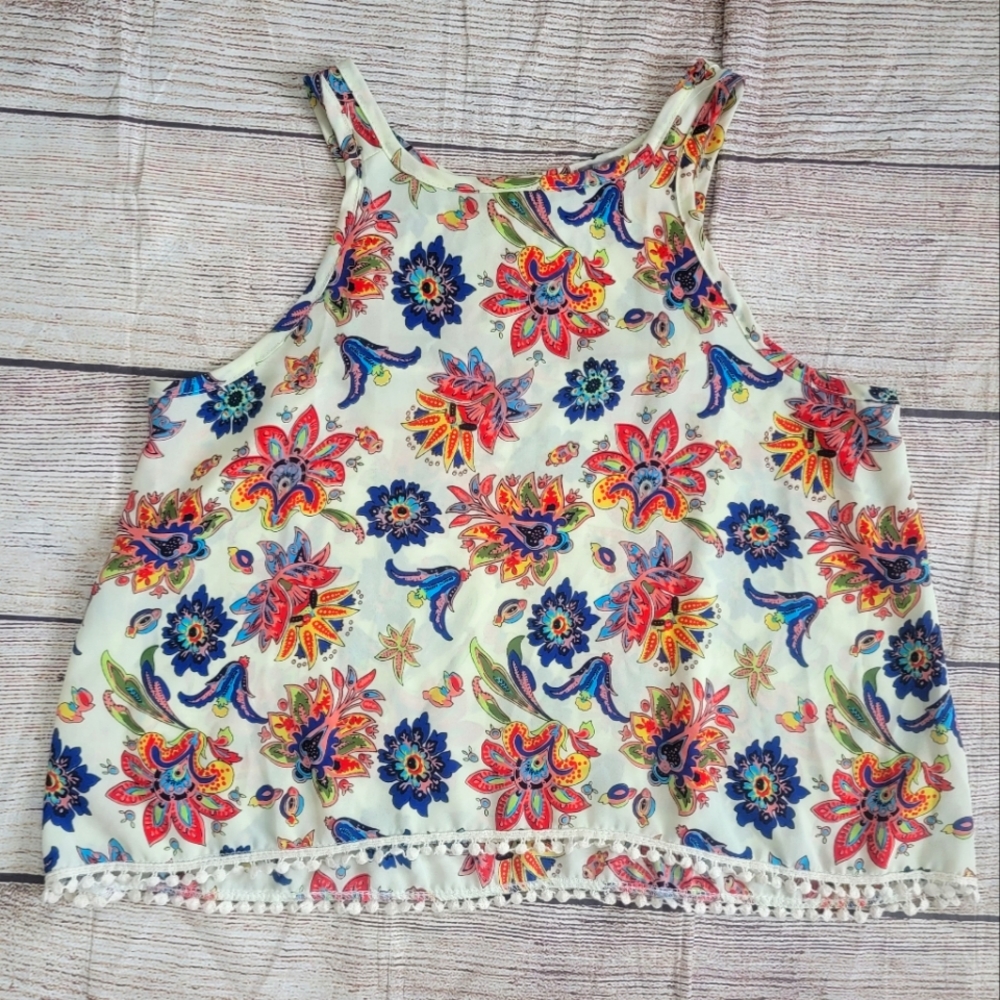 Cropped Floral Sheer Tank Top with Trim